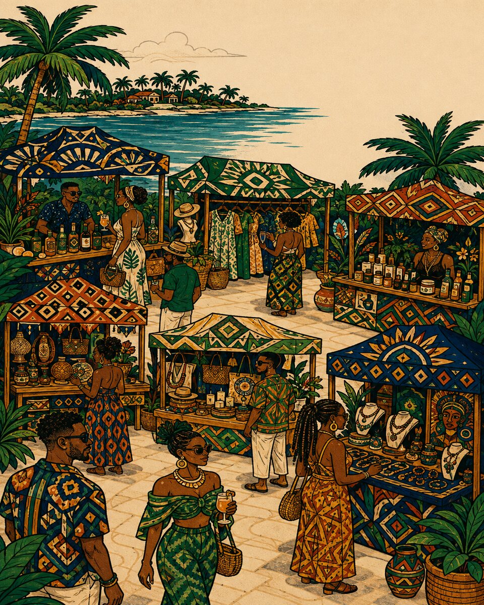 Illustrated Awujo Market with seven curated island vendors