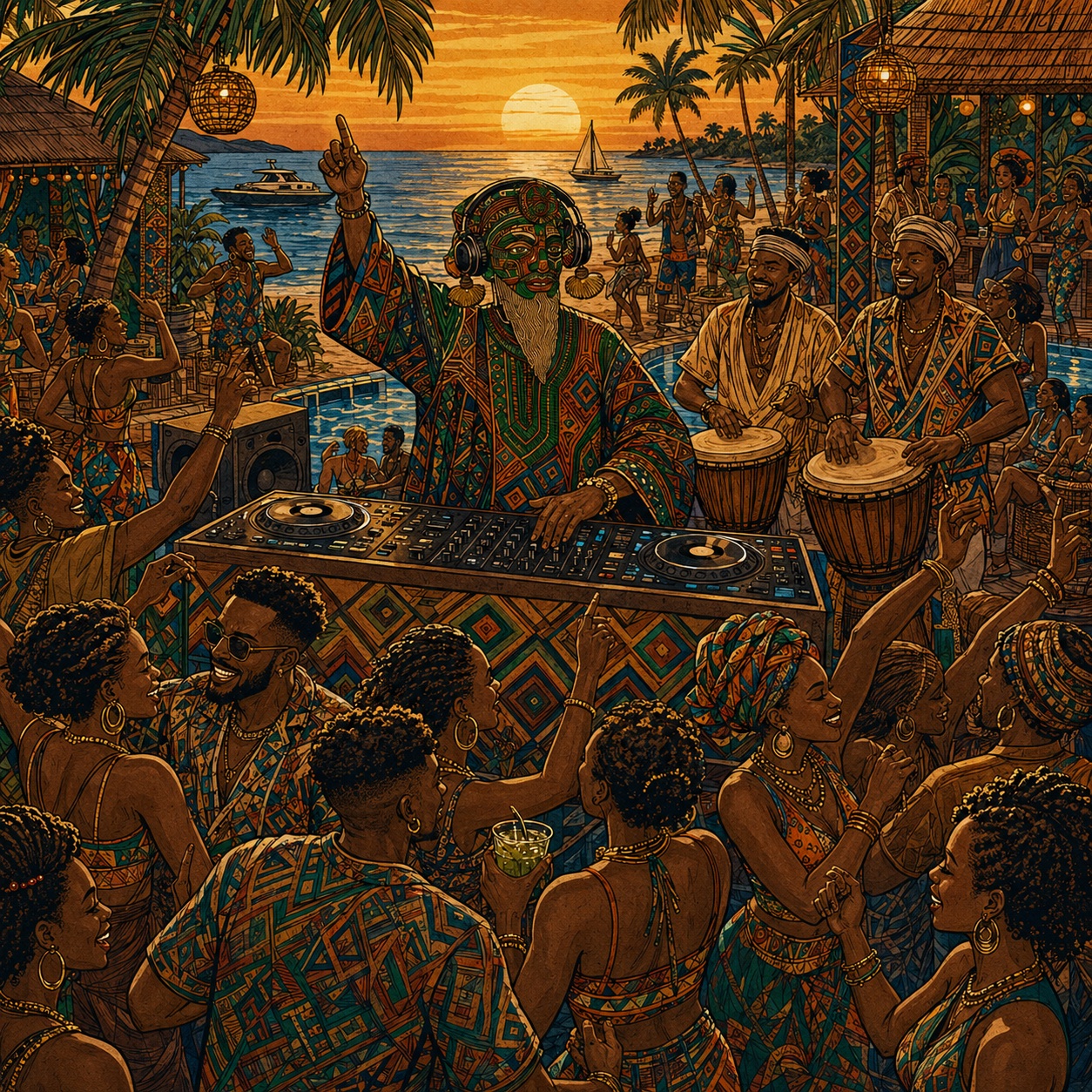 Illustrated Afro Tides beach and pool celebration at sunset