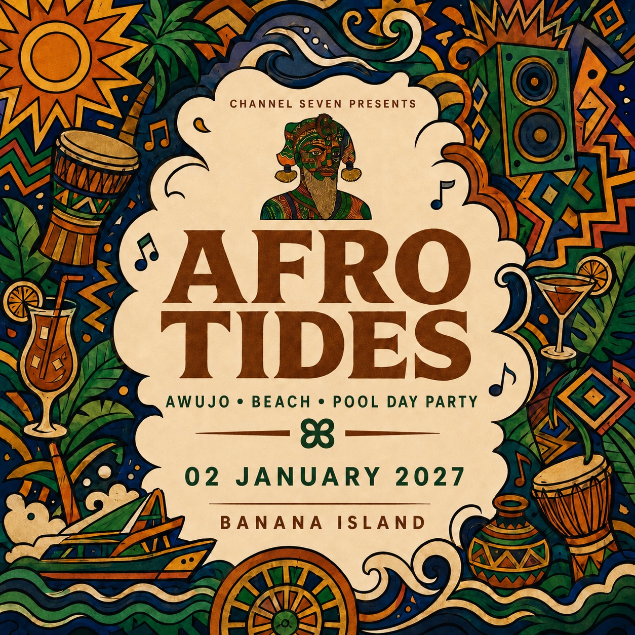 Afro Tides event artwork with the mascot and Banana Island imagery