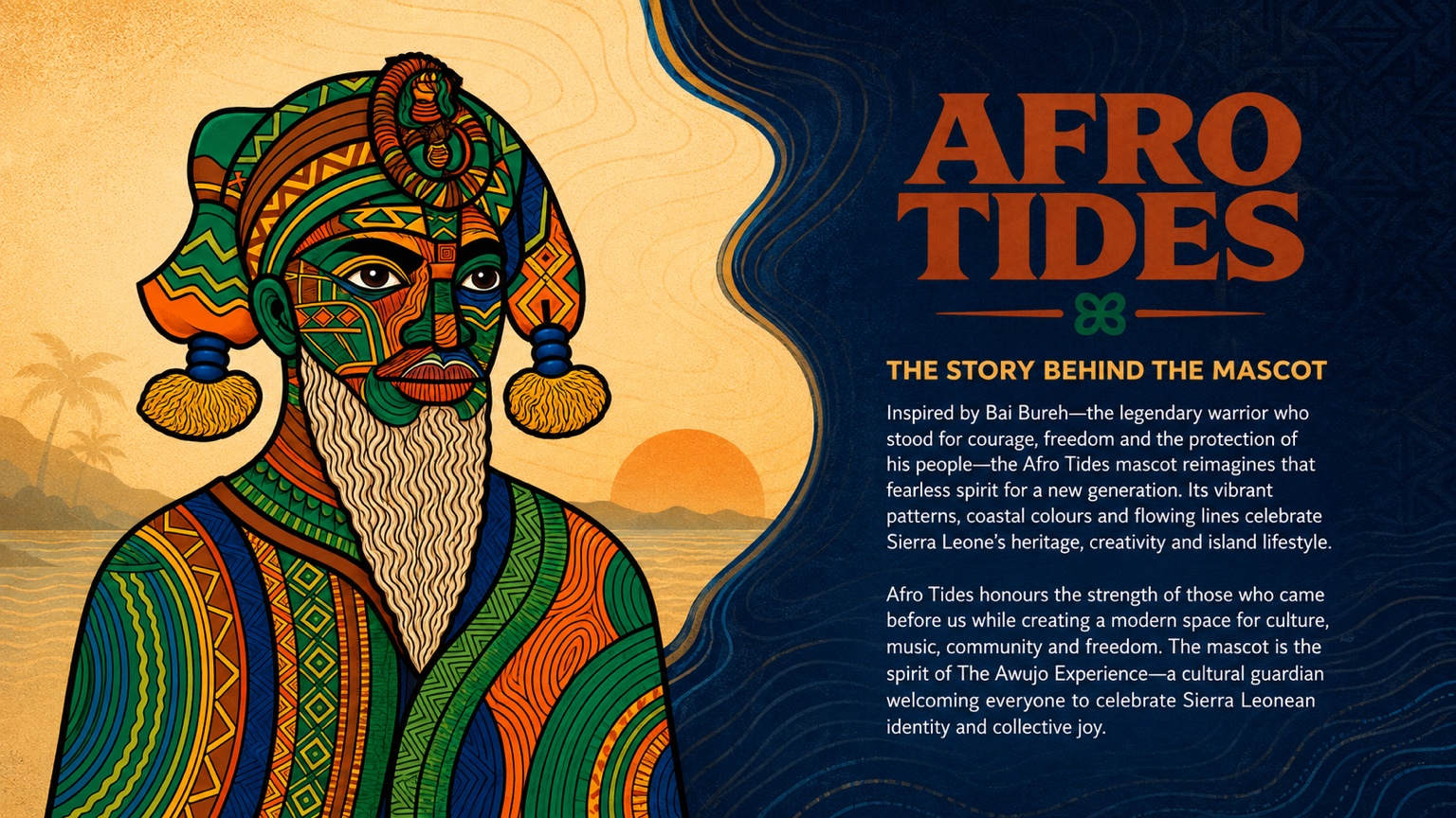 The complete Afro Tides mascot beside the story of its inspiration from Bai Bureh